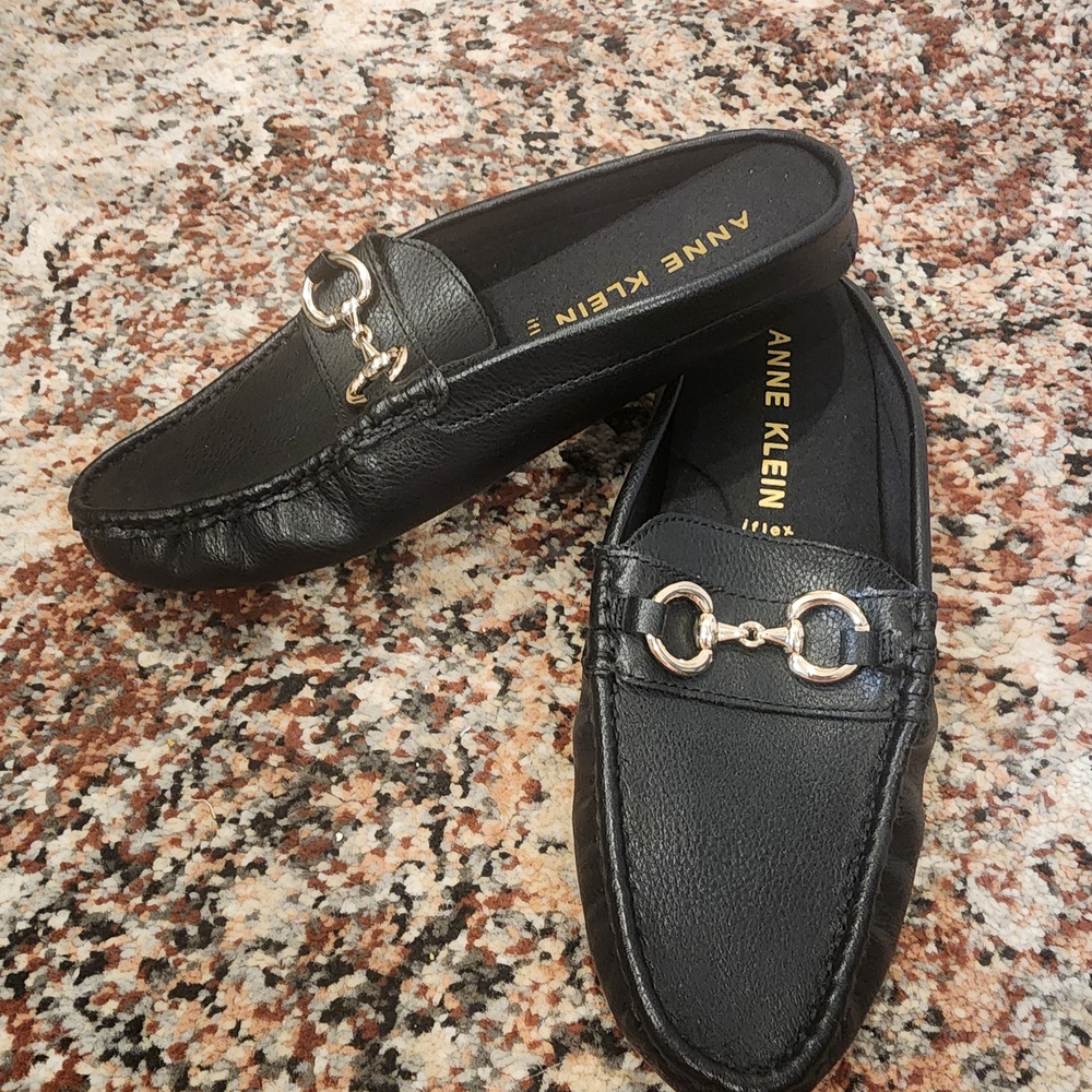 Anne Klein Black Loafers with Silver Buckle Slides